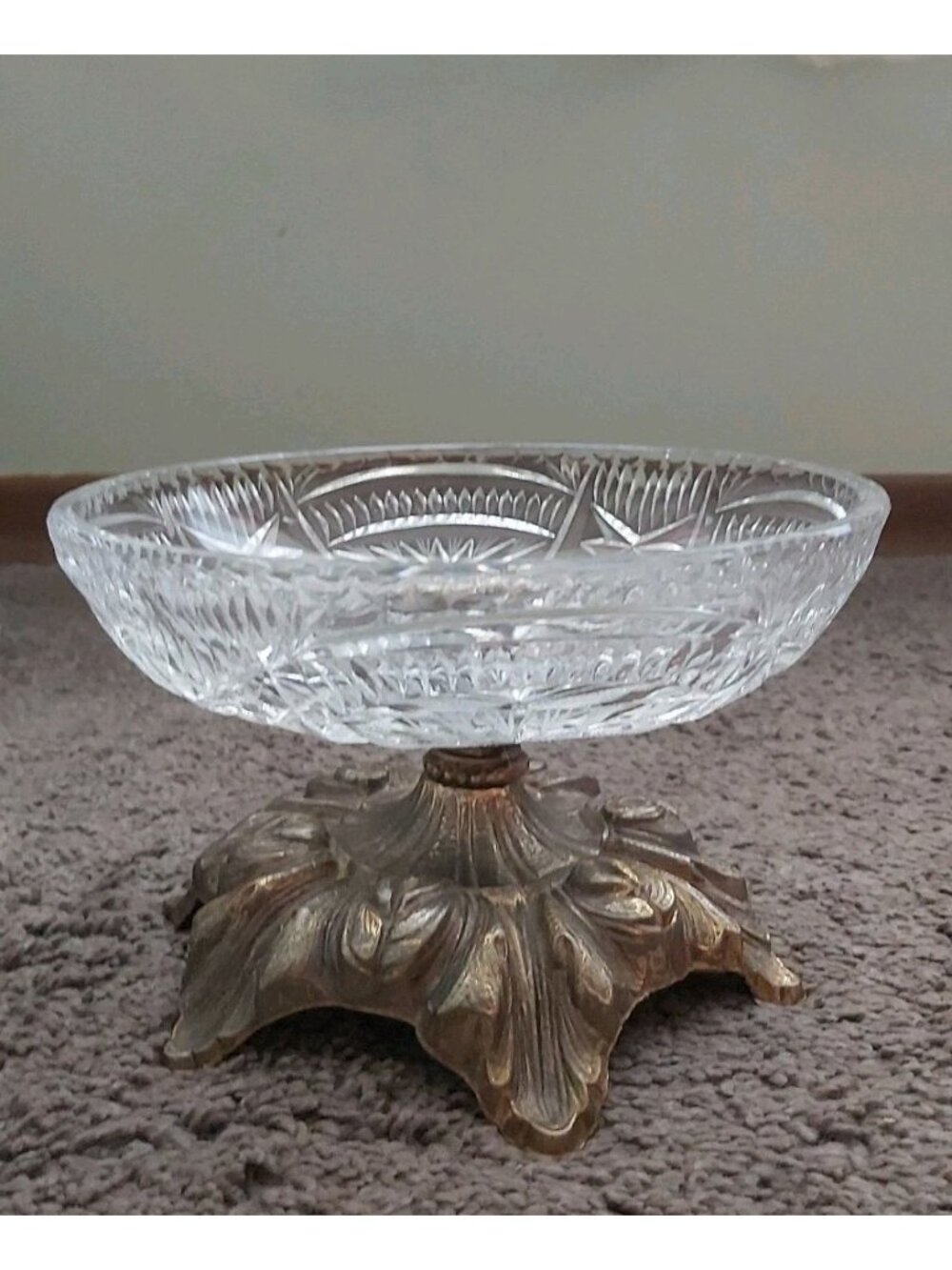 Vintage Hollywood Regency Cut Crystal Compote Pedestal Bowl - Ornate Brass Base
